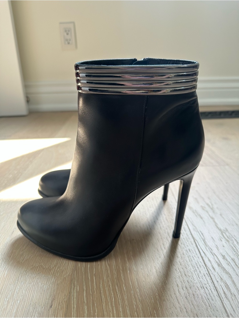 Black Stiletto Ankle Booties with Silver Trim